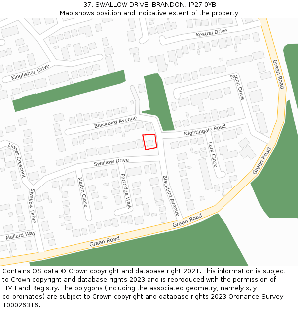 37, SWALLOW DRIVE, BRANDON, IP27 0YB: Location map and indicative extent of plot