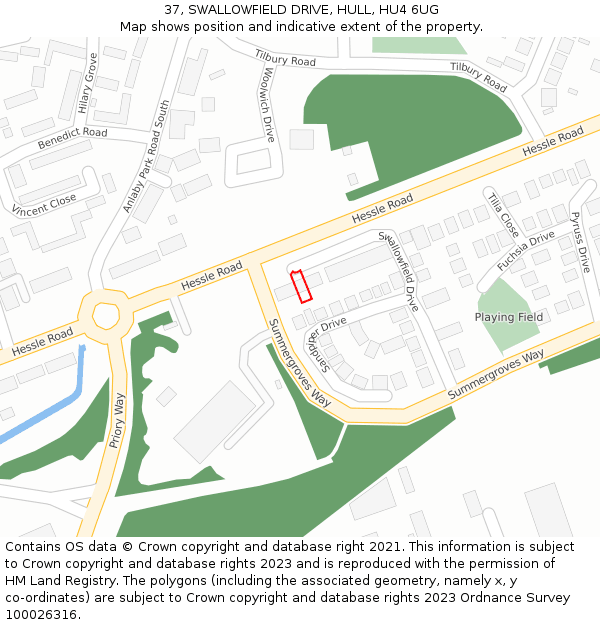 37, SWALLOWFIELD DRIVE, HULL, HU4 6UG: Location map and indicative extent of plot