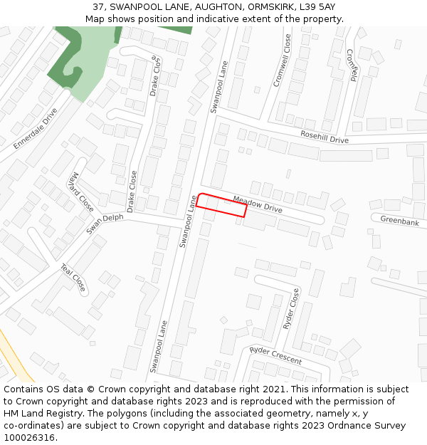 37, SWANPOOL LANE, AUGHTON, ORMSKIRK, L39 5AY: Location map and indicative extent of plot