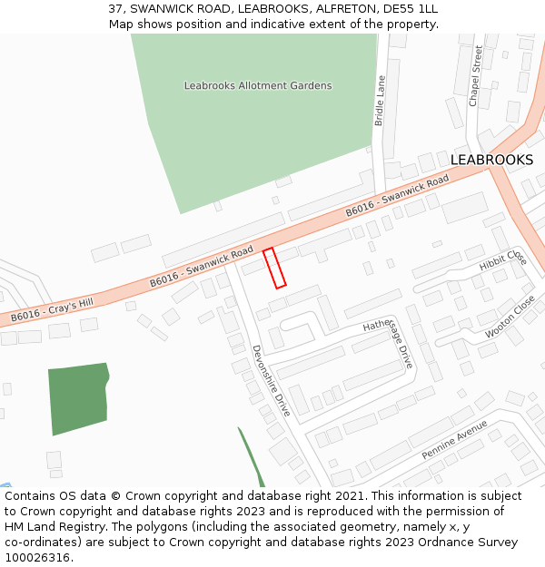 37, SWANWICK ROAD, LEABROOKS, ALFRETON, DE55 1LL: Location map and indicative extent of plot