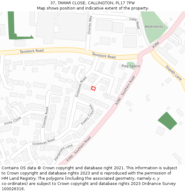 37, TAMAR CLOSE, CALLINGTON, PL17 7PW: Location map and indicative extent of plot