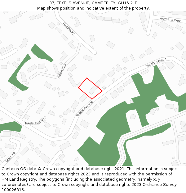 37, TEKELS AVENUE, CAMBERLEY, GU15 2LB: Location map and indicative extent of plot