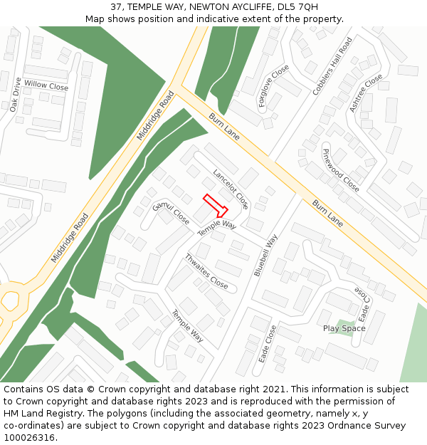 37, TEMPLE WAY, NEWTON AYCLIFFE, DL5 7QH: Location map and indicative extent of plot