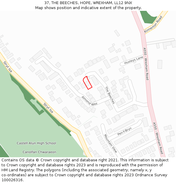 37, THE BEECHES, HOPE, WREXHAM, LL12 9NX: Location map and indicative extent of plot