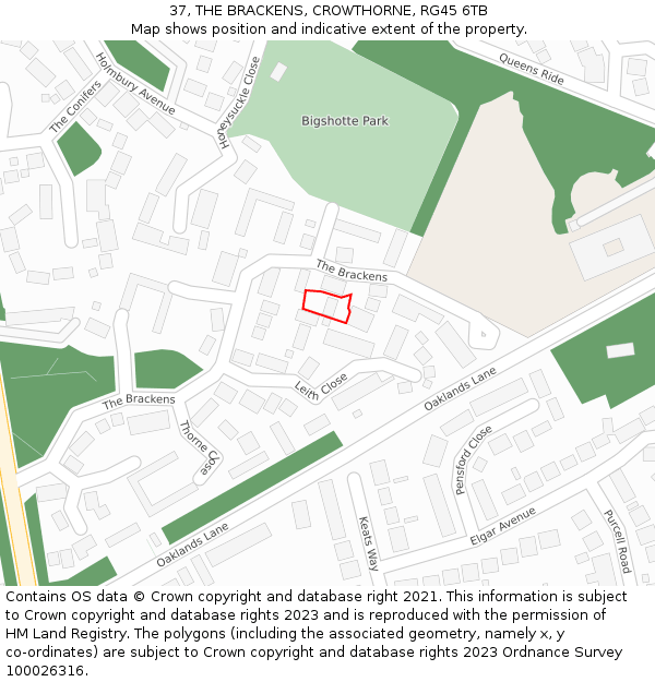 37, THE BRACKENS, CROWTHORNE, RG45 6TB: Location map and indicative extent of plot