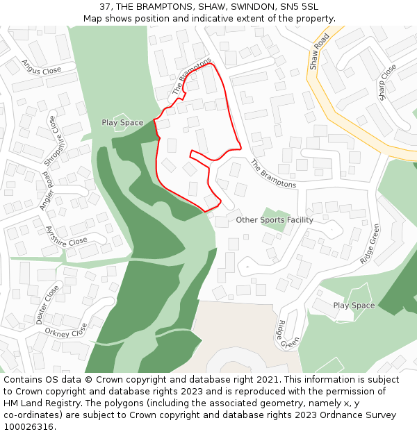 37, THE BRAMPTONS, SHAW, SWINDON, SN5 5SL: Location map and indicative extent of plot