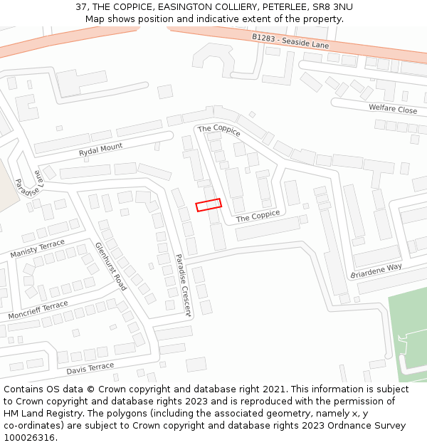 37, THE COPPICE, EASINGTON COLLIERY, PETERLEE, SR8 3NU: Location map and indicative extent of plot