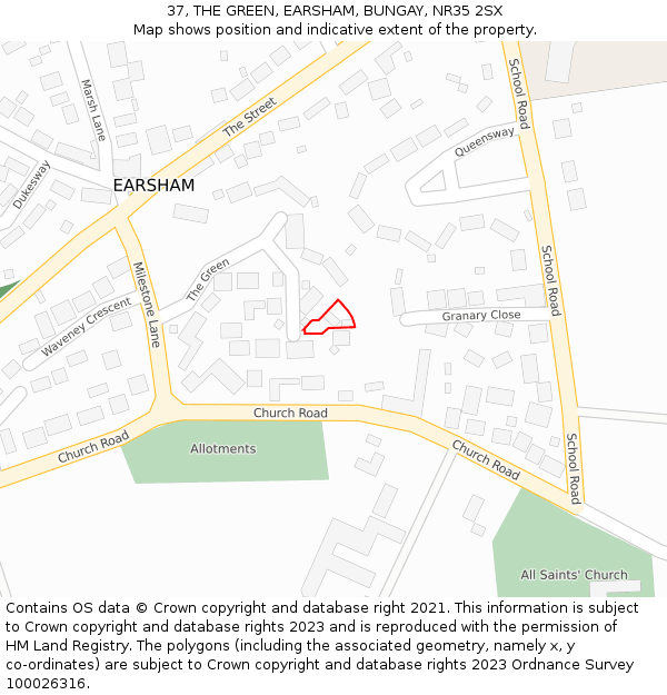 37, THE GREEN, EARSHAM, BUNGAY, NR35 2SX: Location map and indicative extent of plot