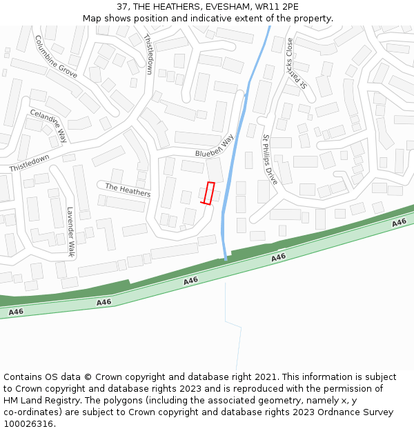 37, THE HEATHERS, EVESHAM, WR11 2PE: Location map and indicative extent of plot