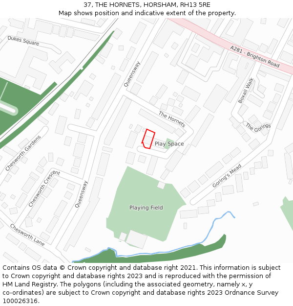 37, THE HORNETS, HORSHAM, RH13 5RE: Location map and indicative extent of plot