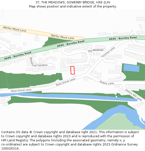 37, THE MEADOWS, SOWERBY BRIDGE, HX6 2UN: Location map and indicative extent of plot