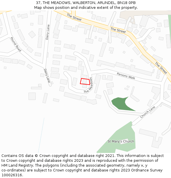 37, THE MEADOWS, WALBERTON, ARUNDEL, BN18 0PB: Location map and indicative extent of plot