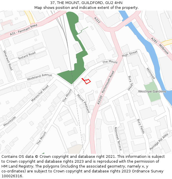 37, THE MOUNT, GUILDFORD, GU2 4HN: Location map and indicative extent of plot