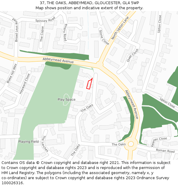 37, THE OAKS, ABBEYMEAD, GLOUCESTER, GL4 5WP: Location map and indicative extent of plot