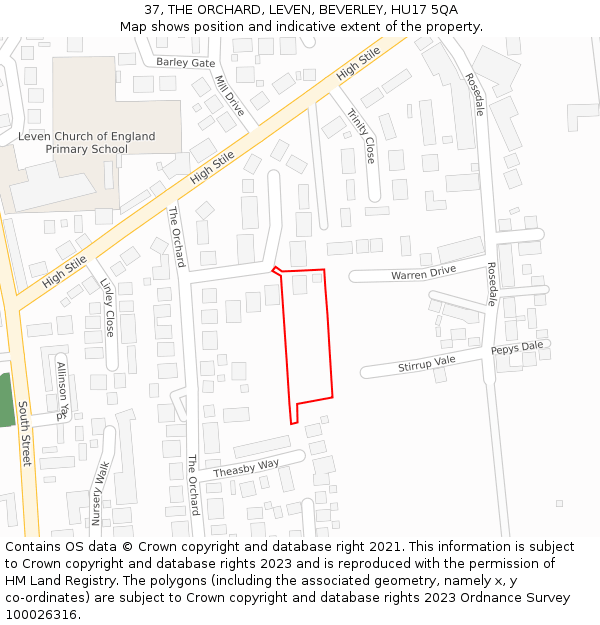 37, THE ORCHARD, LEVEN, BEVERLEY, HU17 5QA: Location map and indicative extent of plot