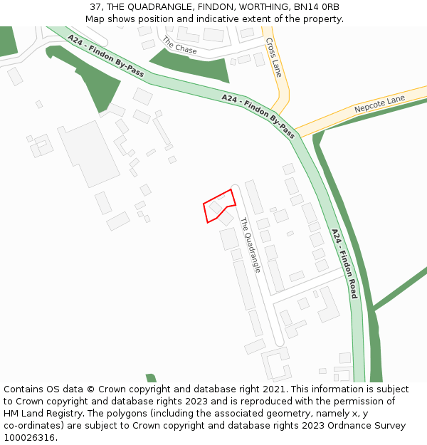37, THE QUADRANGLE, FINDON, WORTHING, BN14 0RB: Location map and indicative extent of plot