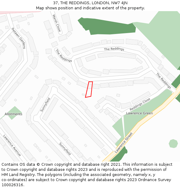 37, THE REDDINGS, LONDON, NW7 4JN: Location map and indicative extent of plot