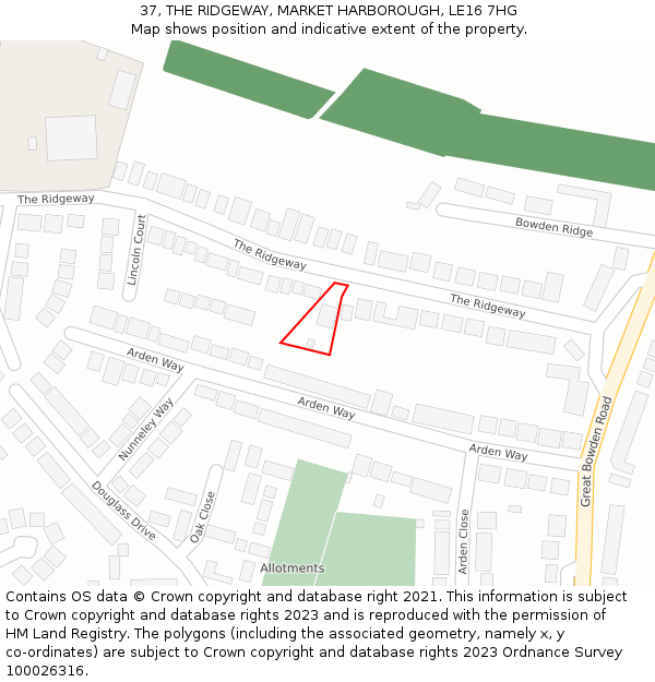 37, THE RIDGEWAY, MARKET HARBOROUGH, LE16 7HG: Location map and indicative extent of plot