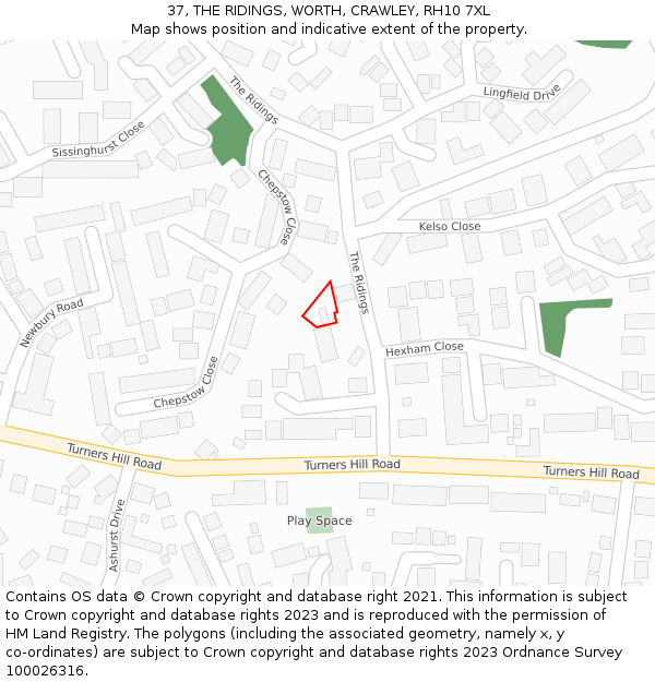 37, THE RIDINGS, WORTH, CRAWLEY, RH10 7XL: Location map and indicative extent of plot