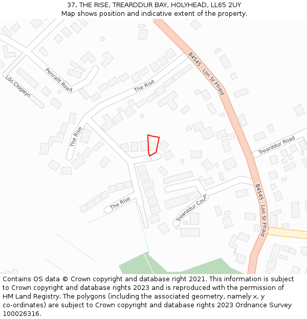 37, THE RISE, TREARDDUR BAY, HOLYHEAD, LL65 2UY: Location map and indicative extent of plot