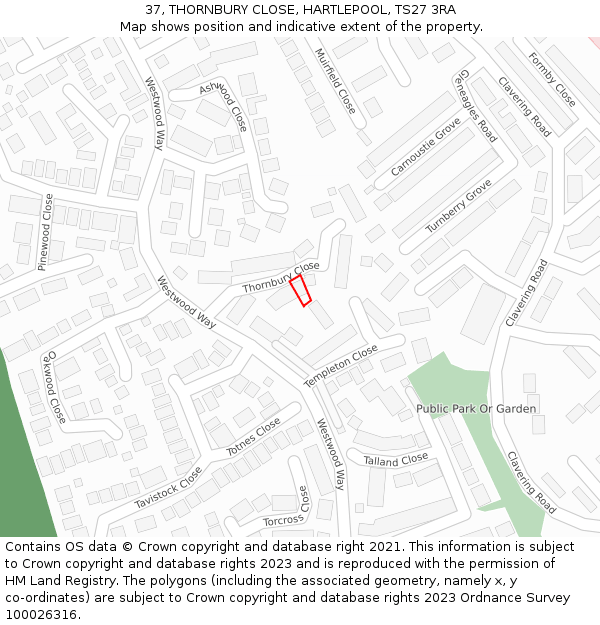 37, THORNBURY CLOSE, HARTLEPOOL, TS27 3RA: Location map and indicative extent of plot