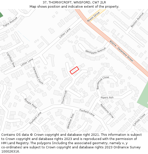 37, THORNYCROFT, WINSFORD, CW7 2LR: Location map and indicative extent of plot