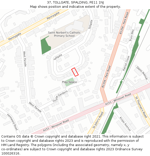 37, TOLLGATE, SPALDING, PE11 1NJ: Location map and indicative extent of plot