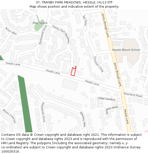 37, TRANBY PARK MEADOWS, HESSLE, HU13 0TF: Location map and indicative extent of plot