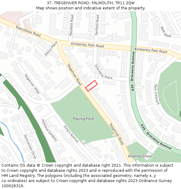 37, TREGENVER ROAD, FALMOUTH, TR11 2QW: Location map and indicative extent of plot