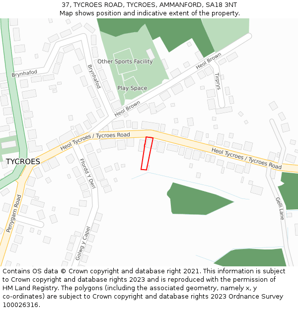 37, TYCROES ROAD, TYCROES, AMMANFORD, SA18 3NT: Location map and indicative extent of plot