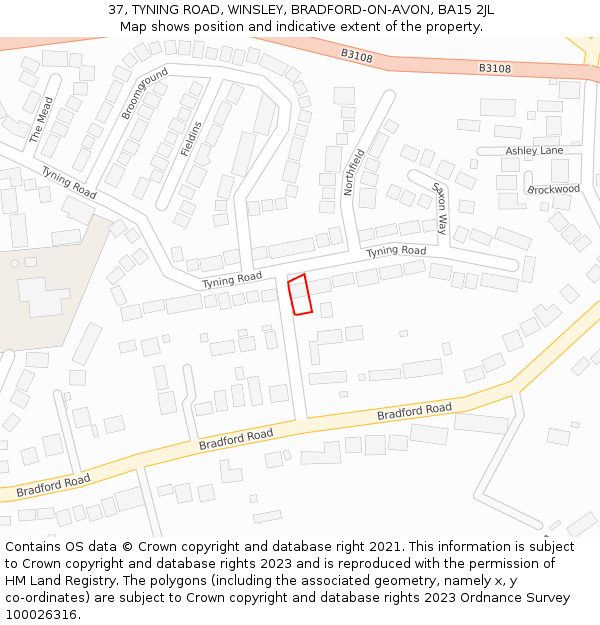 37, TYNING ROAD, WINSLEY, BRADFORD-ON-AVON, BA15 2JL: Location map and indicative extent of plot