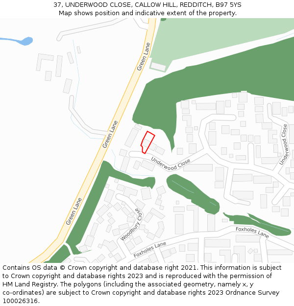 37, UNDERWOOD CLOSE, CALLOW HILL, REDDITCH, B97 5YS: Location map and indicative extent of plot