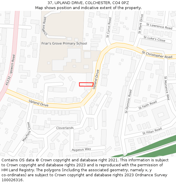 37, UPLAND DRIVE, COLCHESTER, CO4 0PZ: Location map and indicative extent of plot