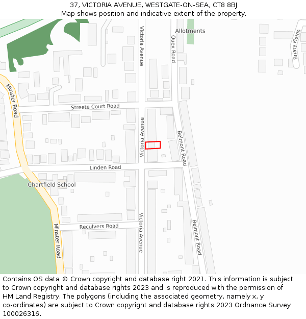 37, VICTORIA AVENUE, WESTGATE-ON-SEA, CT8 8BJ: Location map and indicative extent of plot