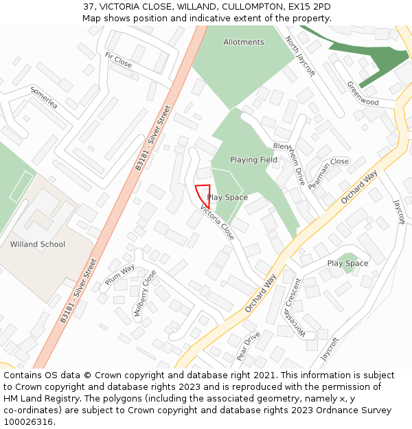 37, VICTORIA CLOSE, WILLAND, CULLOMPTON, EX15 2PD: Location map and indicative extent of plot