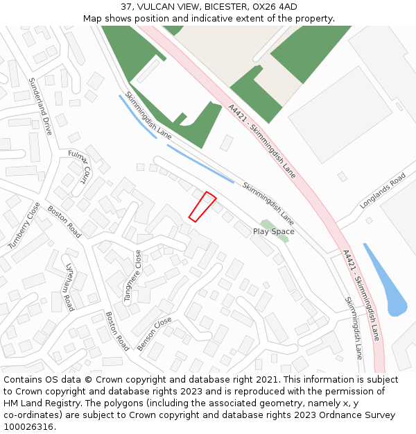 37, VULCAN VIEW, BICESTER, OX26 4AD: Location map and indicative extent of plot