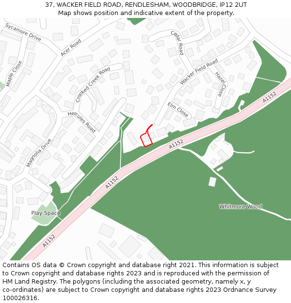 37, WACKER FIELD ROAD, RENDLESHAM, WOODBRIDGE, IP12 2UT: Location map and indicative extent of plot