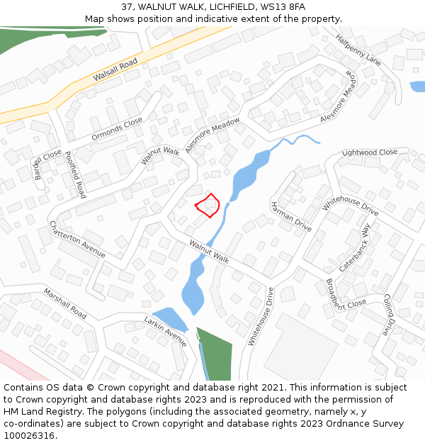 37, WALNUT WALK, LICHFIELD, WS13 8FA: Location map and indicative extent of plot