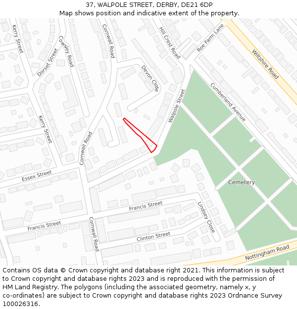 37, WALPOLE STREET, DERBY, DE21 6DP: Location map and indicative extent of plot