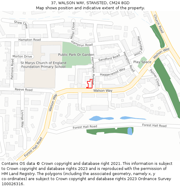 37, WALSON WAY, STANSTED, CM24 8GD: Location map and indicative extent of plot