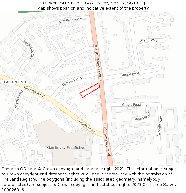37, WARESLEY ROAD, GAMLINGAY, SANDY, SG19 3EJ: Location map and indicative extent of plot