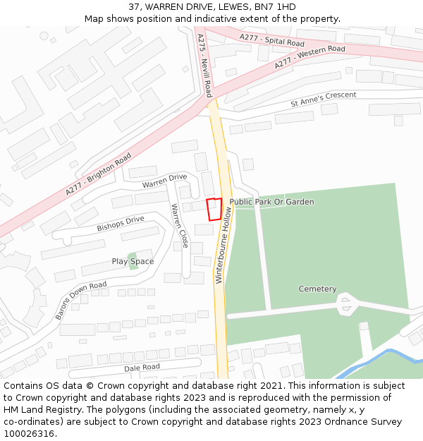 37, WARREN DRIVE, LEWES, BN7 1HD: Location map and indicative extent of plot