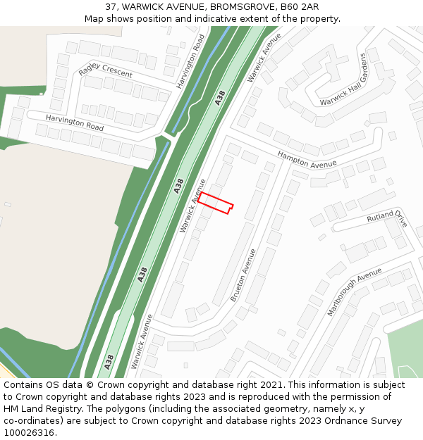 37, WARWICK AVENUE, BROMSGROVE, B60 2AR: Location map and indicative extent of plot