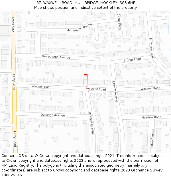 37, WAXWELL ROAD, HULLBRIDGE, HOCKLEY, SS5 6HF: Location map and indicative extent of plot