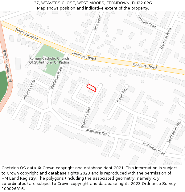 37, WEAVERS CLOSE, WEST MOORS, FERNDOWN, BH22 0PG: Location map and indicative extent of plot