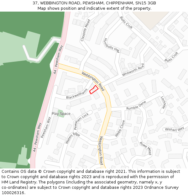 37, WEBBINGTON ROAD, PEWSHAM, CHIPPENHAM, SN15 3GB: Location map and indicative extent of plot