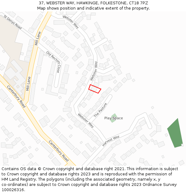 37, WEBSTER WAY, HAWKINGE, FOLKESTONE, CT18 7PZ: Location map and indicative extent of plot