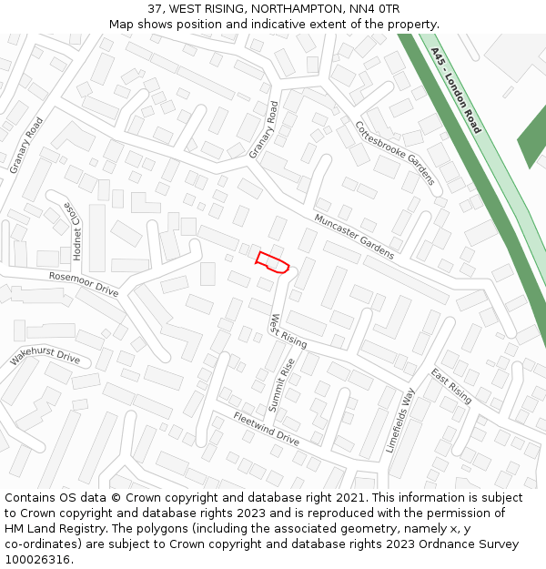 37, WEST RISING, NORTHAMPTON, NN4 0TR: Location map and indicative extent of plot