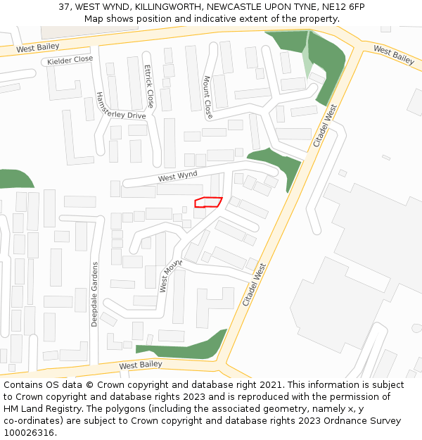 37, WEST WYND, KILLINGWORTH, NEWCASTLE UPON TYNE, NE12 6FP: Location map and indicative extent of plot