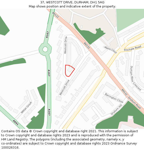 37, WESTCOTT DRIVE, DURHAM, DH1 5AG: Location map and indicative extent of plot